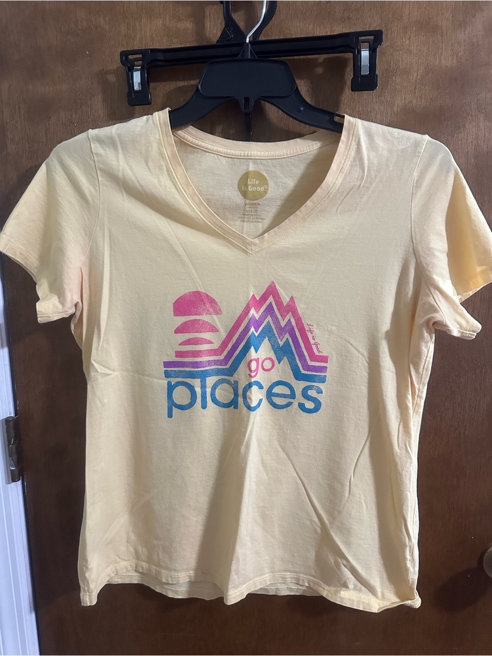 Life Is Good yellow V-Neck 'Go Places' Tee with Pink & Blue Graphic